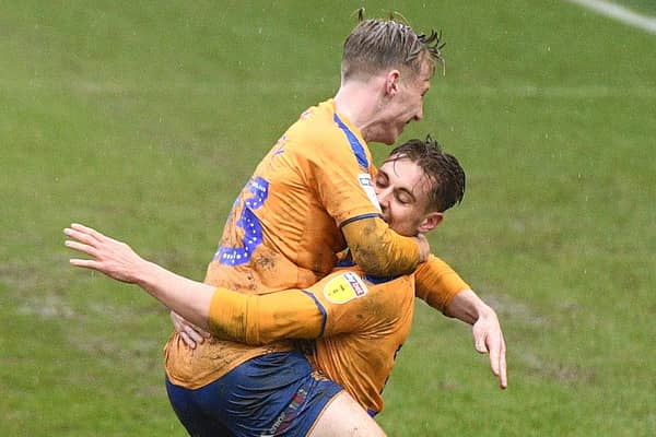 Mansfield's Danny Rose celebrates his goal against Newport with Harry Charsley.