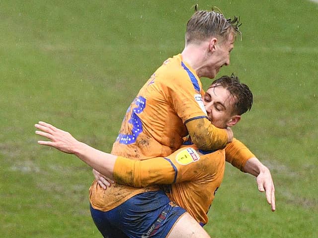 Mansfield's Danny Rose celebrates his goal against Newport with Harry Charsley.