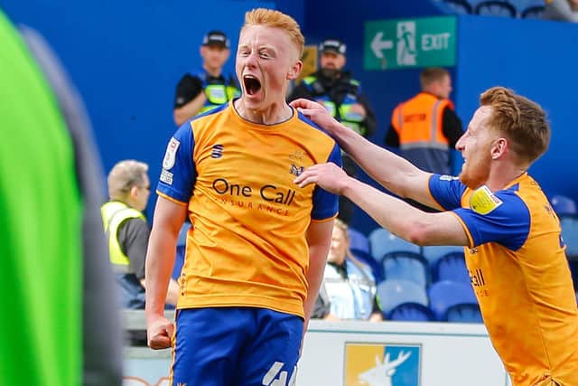 Mansfield Town midfielder Matthew Longstaff celebrates his first half goal. Photo by Chris Holloway/The Bigger Picture.media