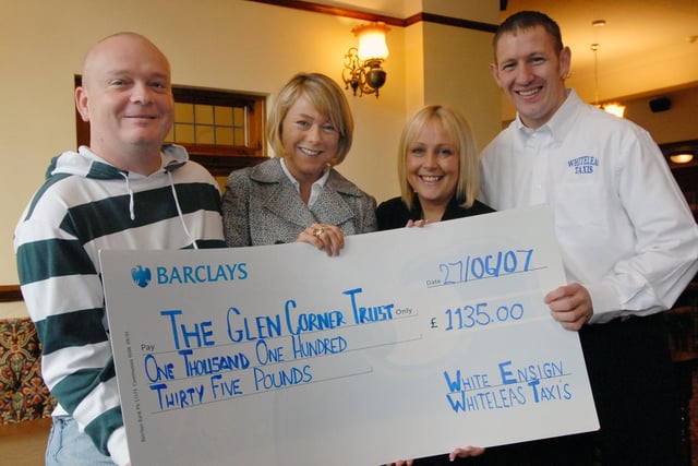 Landlord Neil Barry, left, was pictured as he presented a cheque for £1,135 to a great cause 14 years ago. Also pictured are Mark Wood from Whiteleas Taxis and Claire Carlson and Julie Walker from the Glen Corner Trust.