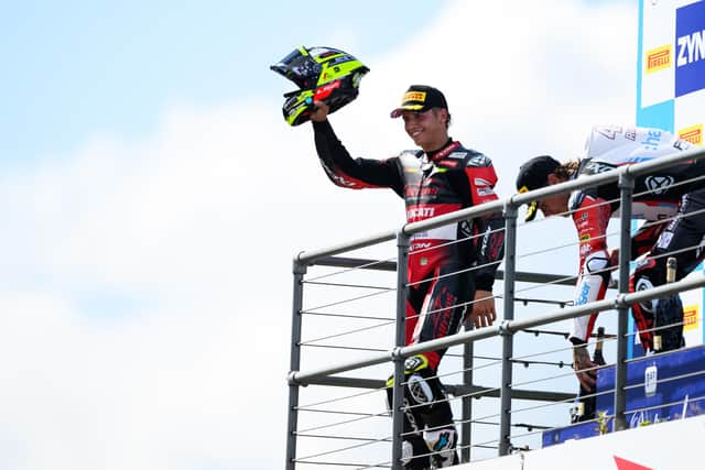 Kyle Ryde celebrates his BSB Race One win at Knockhill.