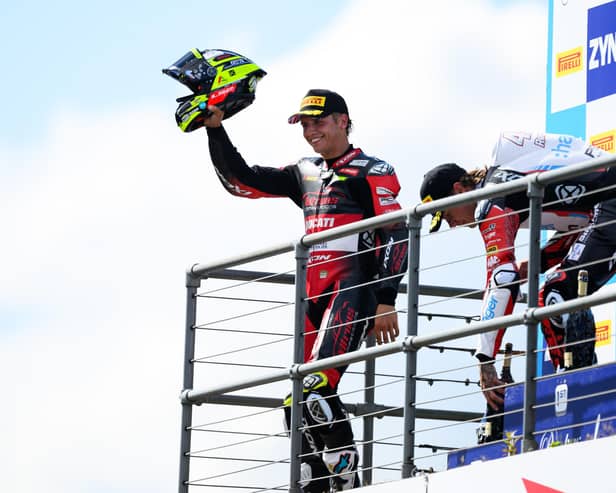 Kyle Ryde celebrates his BSB Race One win at Knockhill.