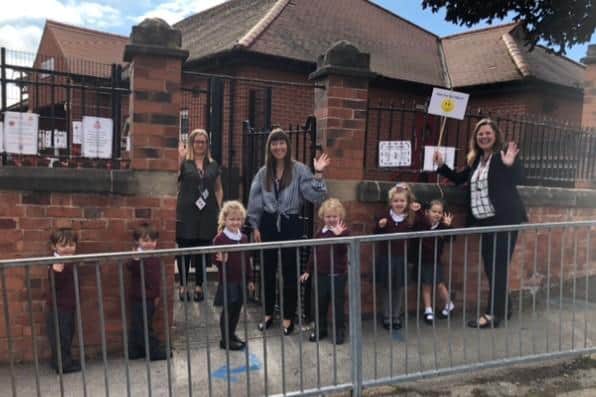 A class bubble at King Edward School pictured with headteacher Mrs Bridges