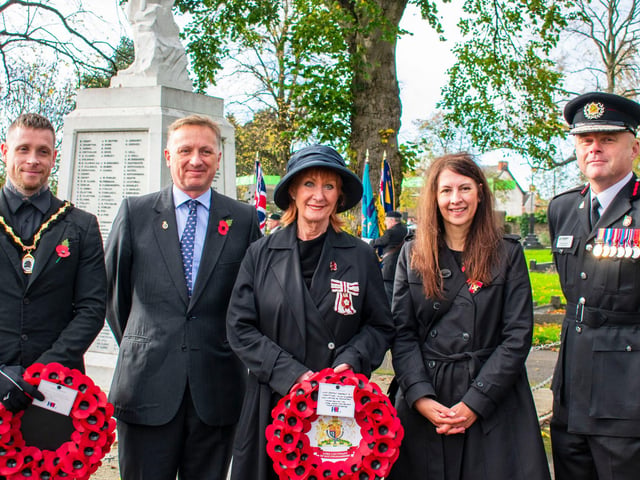 St Mary's Cenotaph Sutton in Ashfield Wreath Laying. Left to Right: Cllr Dale Grounds, Ed Attenborough, the High Sheriff of Nottingham and a Deputy Lieutenant of Nottinghamshire, His Majesty’s Vice Lord-Lieutenant of Nottinghamshire Nora Senior, CBE, DL, Liz Barrett OBE, ATTFE College Principal and Nottinghamshire Fire and Rescue Service, Chief Fire Officer Craig Parkin DL