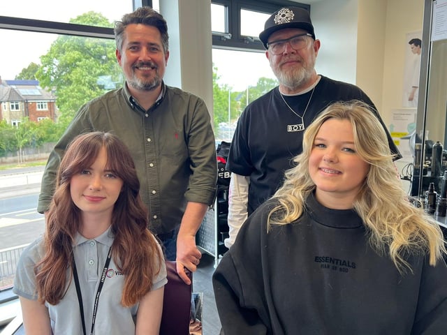 Students Keeley (front left) and Lily (front right) show off their vibrant new looks, created by Paul and Rich (back, left and right).