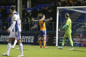 Rhys Oates celebrates his goal with the Stags fans. Photo by Chris Holloway / The Bigger Picture.media