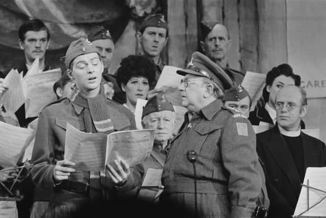 Dad's Army actors on stage at the Royal Variety Performance, held at the London Palladium, in November 1975 (photo: Fred Mott/Evening Standard/Hulton Archive/Getty Images)
