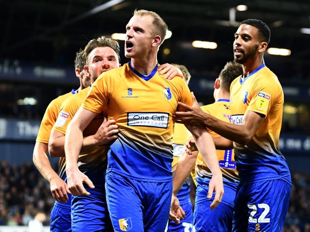 Neal Bishop celebrates an equaliser for Mansfield Town during the Carabao Cup Second Round match at West Brom in 2018. Stags would go on to lose 2-1.