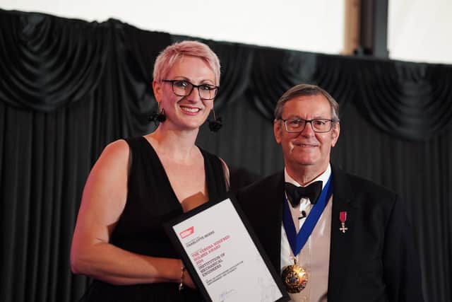 Charlotte Briers receiving her award from Clive Hickman OBE, IMechE president. Photo: Submitted