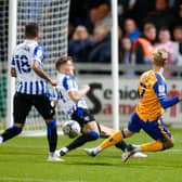 Mansfield Town midfielder Harry Charsley shoots towards the Sheffield Wednesday's goal.Photo byChris HOLLOWAY/The Bigger Picture.media