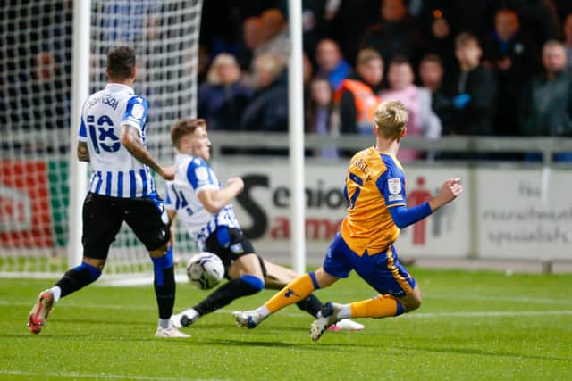 Mansfield Town midfielder Harry Charsley shoots towards the Sheffield Wednesday's goal.Photo byChris HOLLOWAY/The Bigger Picture.media
