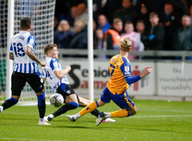Mansfield Town midfielder Harry Charsley shoots towards the Sheffield Wednesday's goal.Photo byChris HOLLOWAY/The Bigger Picture.media