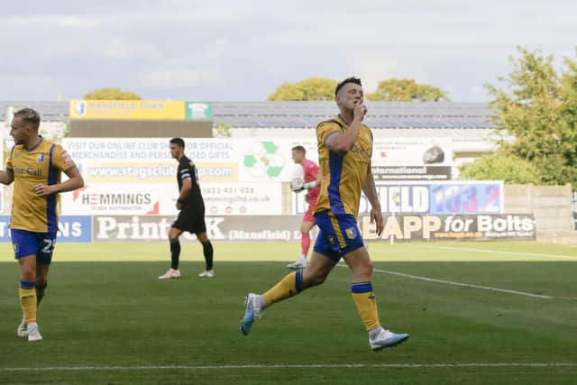 Ollie Clarke celebrates his winner during the Sky Bet League 2 match against Barrow AFC at the One Call Stadium, 23 Sept 2023
Photo credit : Chris & Jeanette Holloway / The Bigger Picture.media
