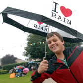Ricky Wood from Shirebrook with his I Love Rain umbrella. Party in the Park, 09.