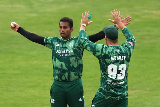 Outlaws bowler Mohammad Ali celebrates victory off the final ball with George Munsey during the Vitality Blast match between Durham and Notts Outlaws at Banks Homes Riverside on July 05, 2026 in Chester-le-Street, England. (Photo by Stu Forster/Getty Images)