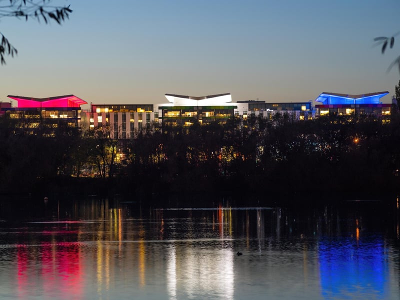 King's Mill Hospital towers lit up red, white and blue for VE day 2025.