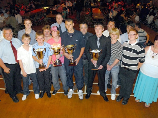Captains of winning teams and members of the committee pictured at the Mansfield Youth Football League Presentation evening in 2008.