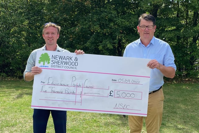 Edwinstowe Parish Council received a cheque for £5,000 from the Community Grant Scheme set up by Newark and Sherwood District Council