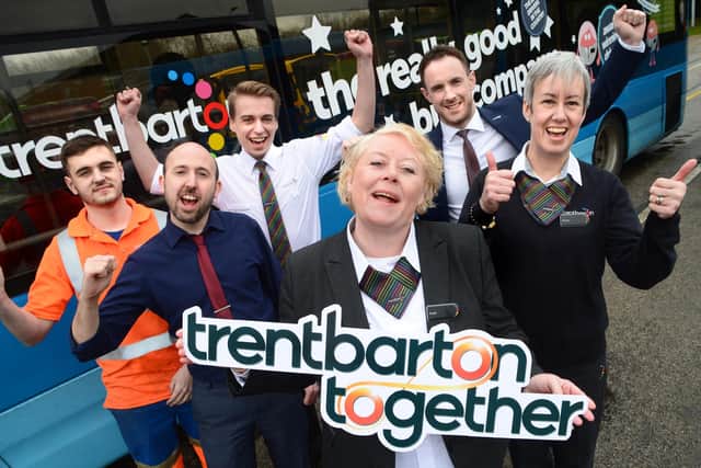 Team members celebrate the return of Trentbarton Together, from left,  Luke Fitzgerald, Matt Newton, Mat Simmons, Angie Cooper, Tom Morgan and Tracey Pemberton