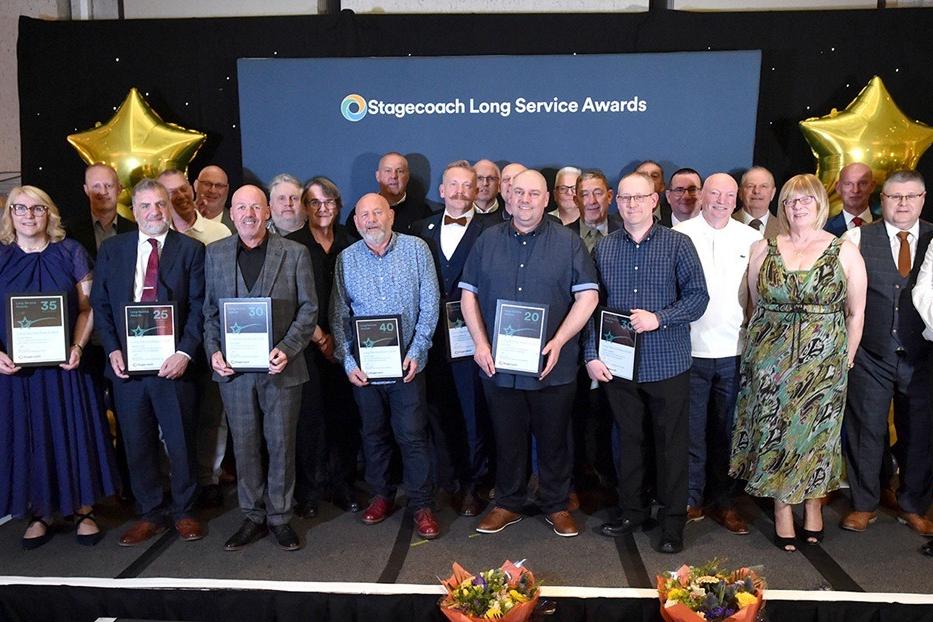 Stagecoach's bus drivers, engineers, cleaners and support teams with their awards at the annual Long Service Awards presentation