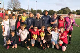 Coun Teresa Cullen, Mayor of Broxtowe, with Nottingham Forest Community Trust coaches Karen Swan and Dante Diriso and youngsters on a training session. Photo: Submitted