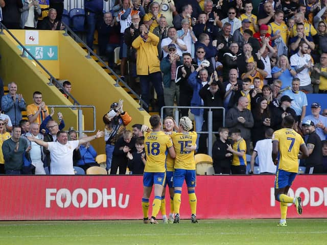 Goal celebrations on Saturday as Stags shoot down visiting Morecambe  3-0 at the One Call Stadium. Photo by Chris & Jeanette Holloway/The Bigger Picture.media