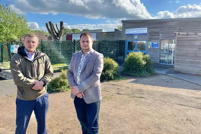 Councillors Tom Hollis and Jason Zadrozny outside Brierley Forest Park Primary School in Sutton where free school meal claimants are one of the highest in Ashfield.