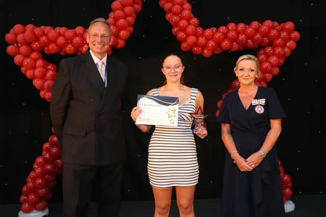 Principal’s award winner Elissa Dixon receives her accolade from principal Andrew Cropley and Deputy Lieutenants of Nottinghamshire Tracey Davenport JP DL