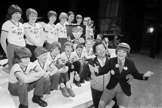 The Krankies (Janette Tough & Ian Tough) with a group of children at the King's Theatre in Edinburgh, May 1982.