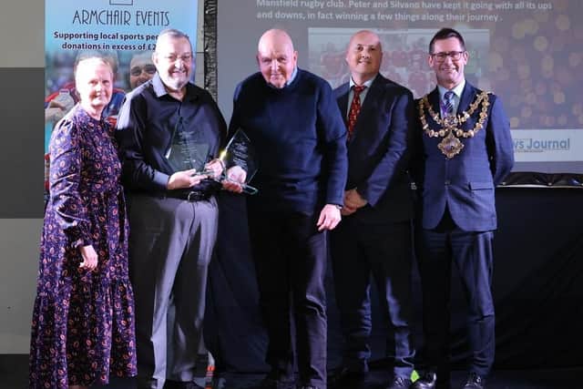 Peter Mitchell and Silvano Taylor pick up the Mayor’s Special Achievement Award for Mansfield Reds Walking FC.