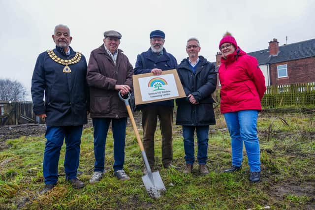 Pictured at the allotment site are, from left: Coun Paul Grafton (chair, Ashfield Council), Doug Edwards, Andrew Jenkins, Steven Murray (all Stanton Hill Rainbow Community Garden Group), Ashley Marshall (Ashfield Council regeneration team). Photo: Submitted