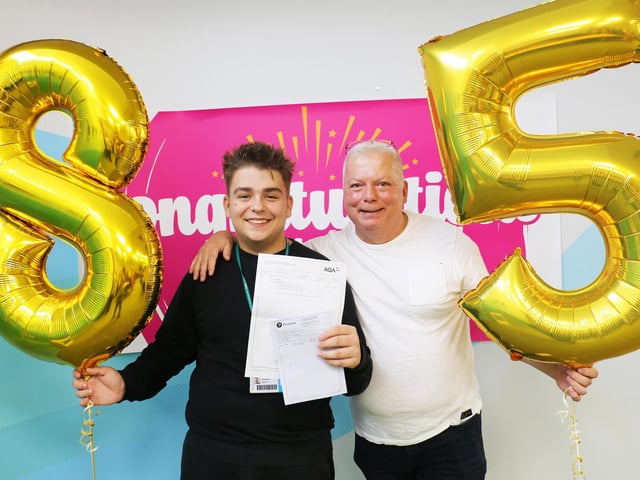 Eduard Bociu celebrates his maths grade 8 and English grade 5 with dad Constantin.
Eduard’s father, Constantin, said: “I feel absolutely fantastic. I was sure my son would get good results in his exams because he learned very well back in Romania and he’s learned very well in England. He’s a very hard worker.
“My wife and I are very proud of him.”