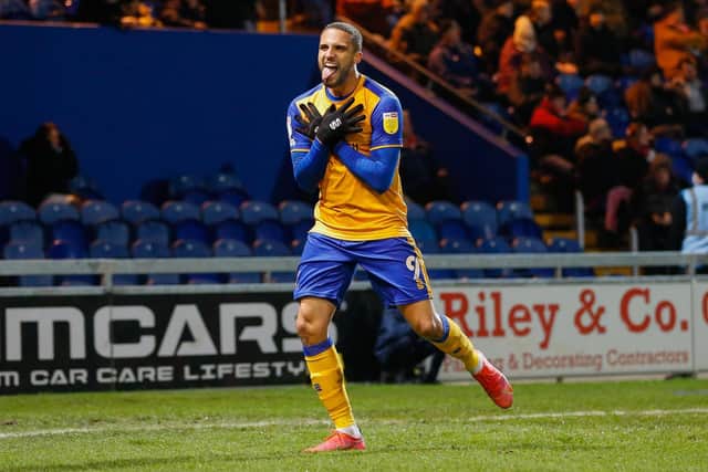 Mansfield Town forward Jordan Bowery celebrates his goal last night. Photo by Chris Holloway / The Bigger Picture.media