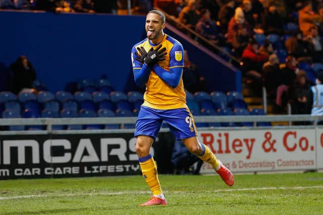 Mansfield Town forward Jordan Bowery celebrates his goal last night. Photo by Chris Holloway / The Bigger Picture.media