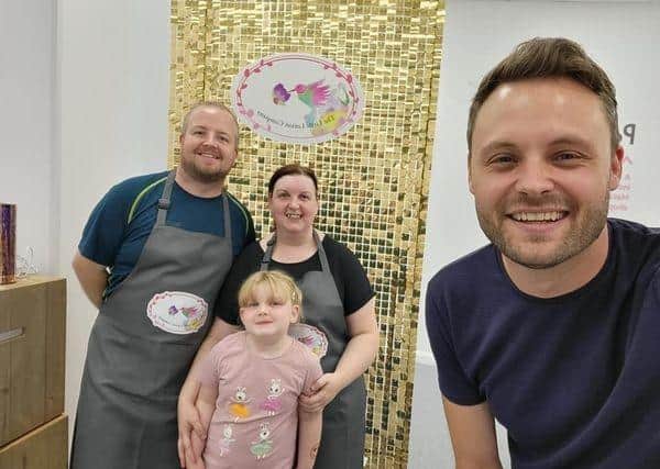 Mansfield MP Ben Bradley visited the pop-up shop to see Katy Bacon and Dave Foulstone at work. Also pictured is Katy and Dave's daughter Freyja.