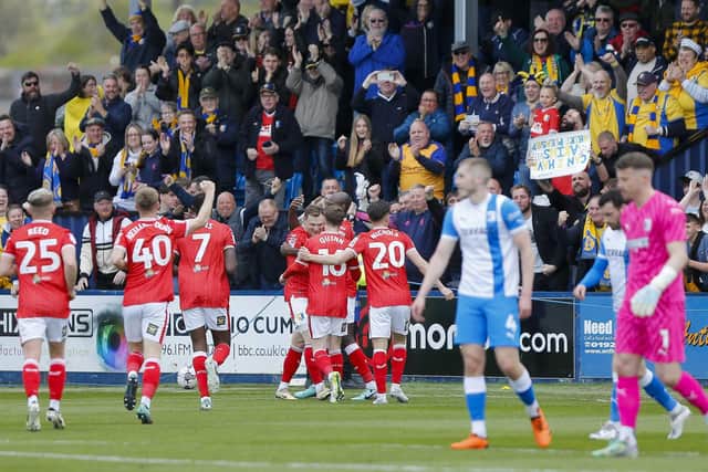 Stags celebrate their first half opener with fans during the Sky Bet League 2 match against Barrow AFC at the SO Legal Stadium, 27 April 2024Photo credit : Chris & Jeanette Holloway / The Bigger Picture.media