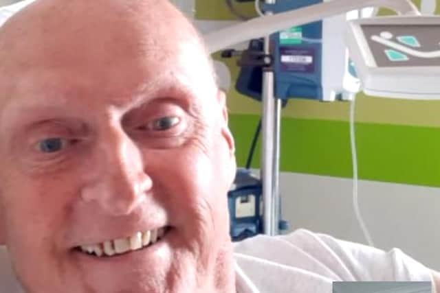 The sisters' dad, Steve Evans, who also has acute myeloid leukaemia, keeping up his spirits in hospital.