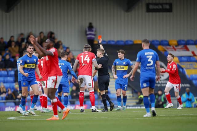 Jordan Bowery is dismissed during the Sky Bet League 2 match against AFC Wimbledon at Cherry Red Records Stadium, 27 Jan 2024
Photo Chris & Jeanette Holloway / The Bigger Picture.media