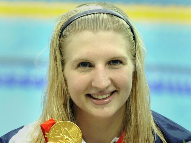 Mansfield-born Rebecca Adlington with her gold medal in the Women's 800m Freestyle final at the Summer Olympic Games in Beijing China 16th August 2008. (Photo by David Ashdown/Getty Images)
