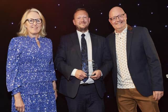 Matthew Lamb, of Newark & Sherwood Council, with trust directors Sally Brook Shanahan and David Ainsworth, right. Matthew won the community partner award at Sherwood Forest Hospitals NHS Trust's 2023 excellence awards. Picture: Sherwood Forest Hospitals NHS Trust