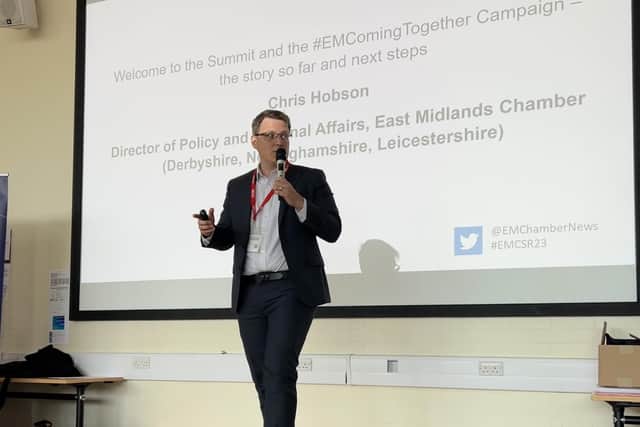 Chris Hobson, East Midlands Chamber director of policy and external affairs, speaks at the chamber's corporate social responsibility summit at Derby University. Picture: East Midlands Chamber