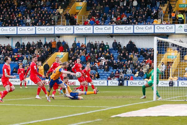 John-Joe O'Toole goes close as Mansfield Town become record-breakers on Saturday. Photo by Chris Holloway/The Bigger Picture.media