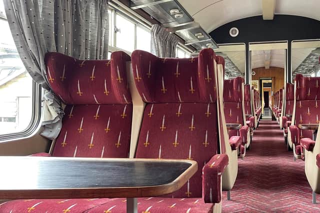 A table for 4 onboard on of the Tourist Class carriages on The Shakespeare Express.