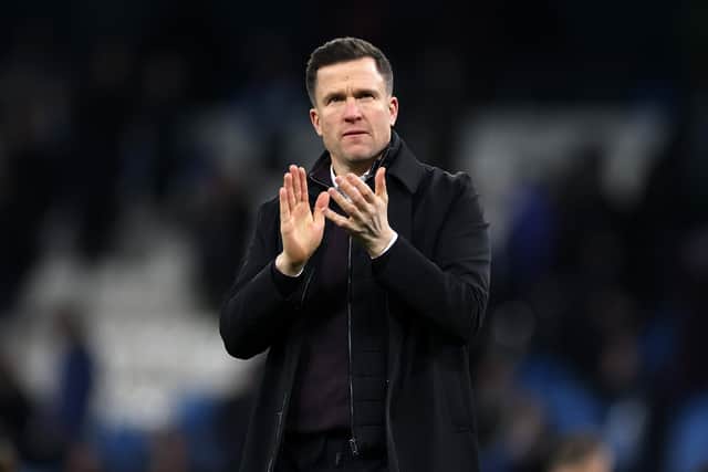 Gary Caldwell, Manager of Exeter City, applauds the fans after defeat in the Emirates FA Cup Third Round match between Manchester City and Exeter City at Etihad Stadium on January 10, 2026 in Manchester, England. (Photo by Lewis Storey/Getty Images)