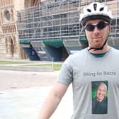 Jason Hanson outside Lincoln Cathedral at the start of his ride