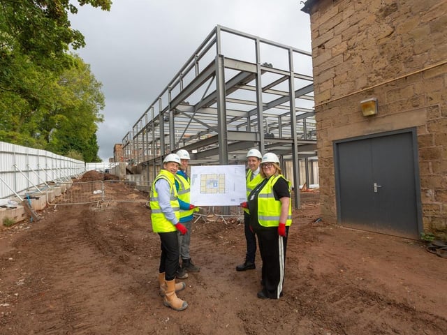 College vice-principal Louise Knott (first right), Jeremy Hague from NTU (second right) and Mansfield Mayor Andy Abrahams (second left) inspect the site plans with Darren Chapman from Clegg Construction.