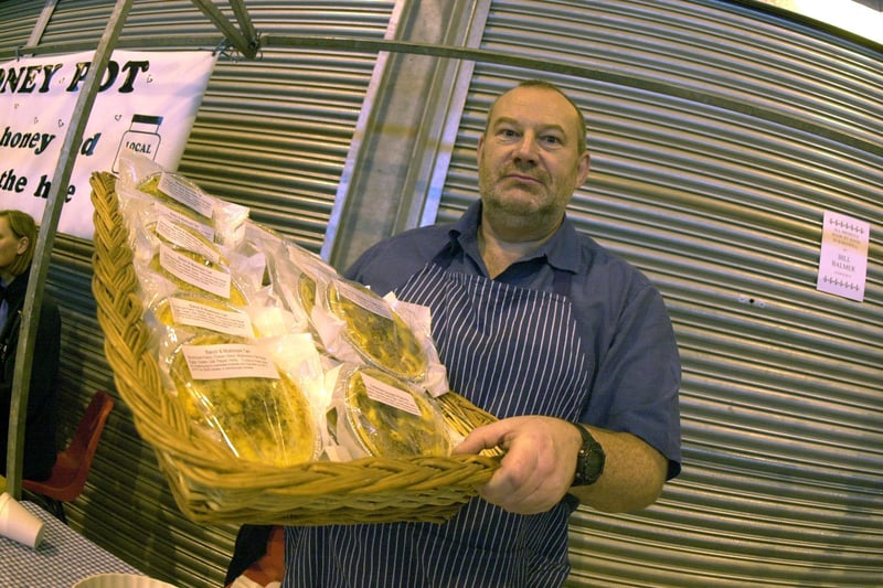 Bill Bulmer from Bakewell with his pies  at Bakewell Farmers Market   in 2002