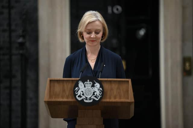 Britain's Prime Minister Liz Truss delivers a speech outside of 10 Downing Street in central London on October 20, 2022 to announce her resignation.