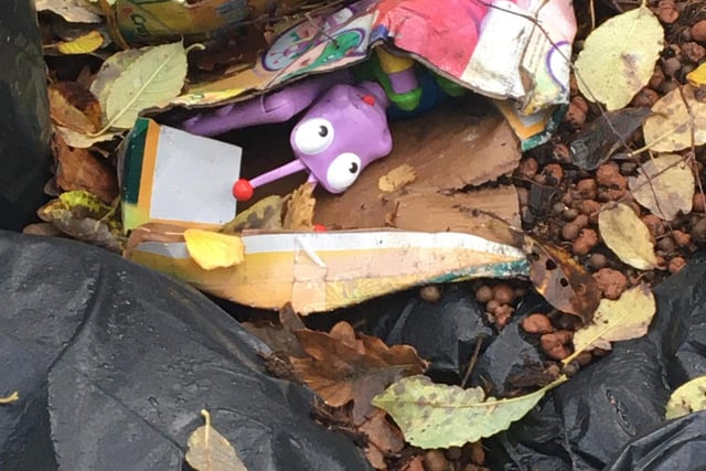 Plastic toys evident amongst forest fly-tip