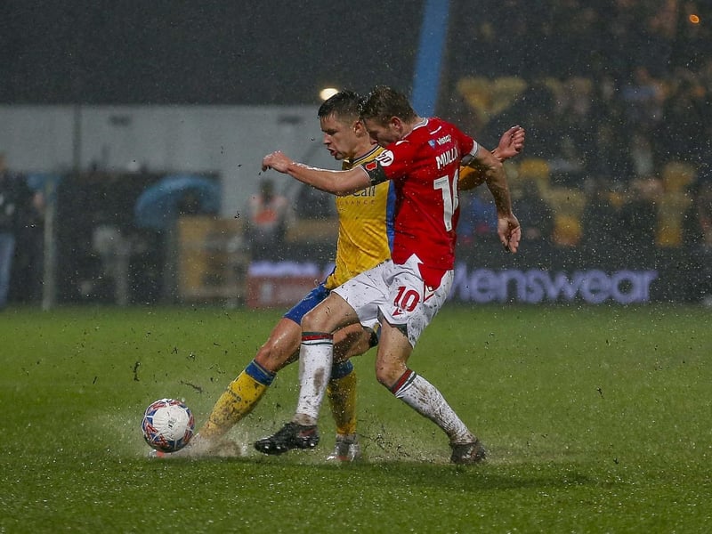Callum Johnson battles his opponent and the weather during Stags' FA Cup first round exit against Wrexham in November.